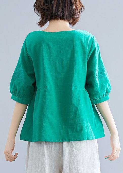 Natural o neck embroidery cotton clothes Outfits green blouses summer - SooLinen