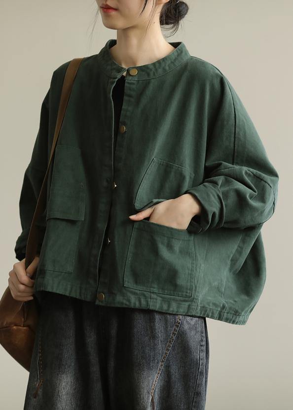 Natural stand collar Button Down Fine tunic coat green box jackets - SooLinen