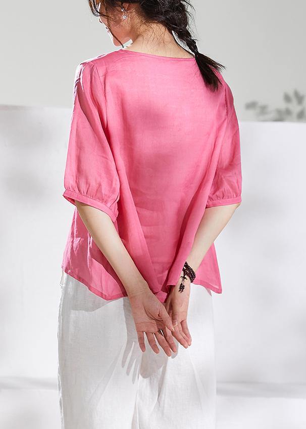 Natural v neck half sleeve linen summerclothes For Women pink print blouse - SooLinen