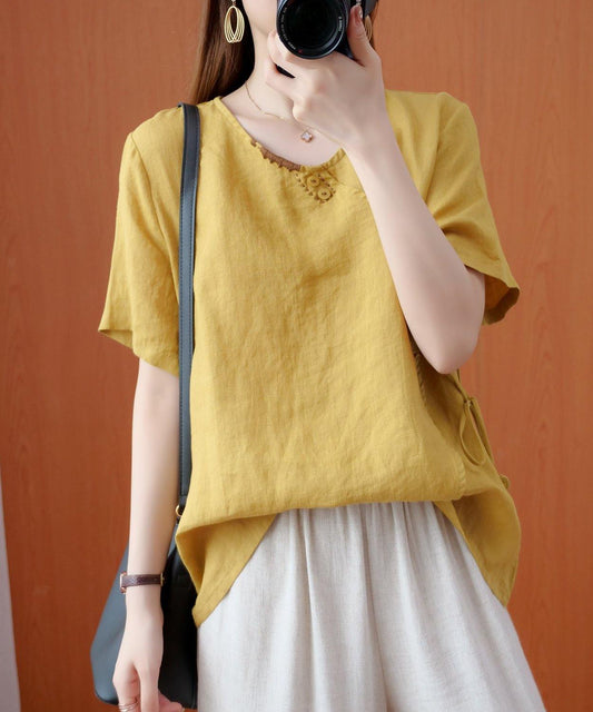 Natural v neck tie waist tops women blouses Christmas Gifts yellow embroidery shirts - SooLinen