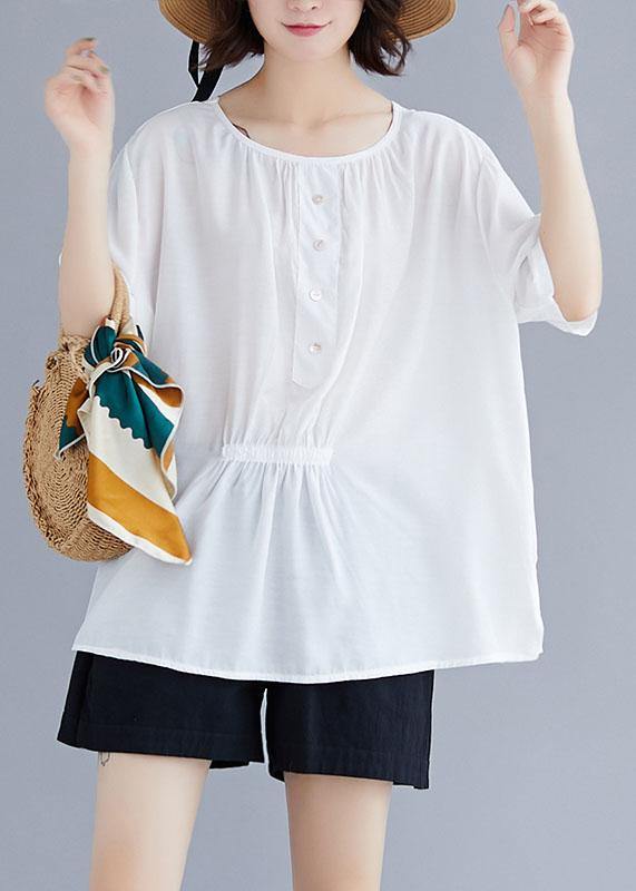 Natural white cotton Blouse o neck half sleeve loose summer top - SooLinen