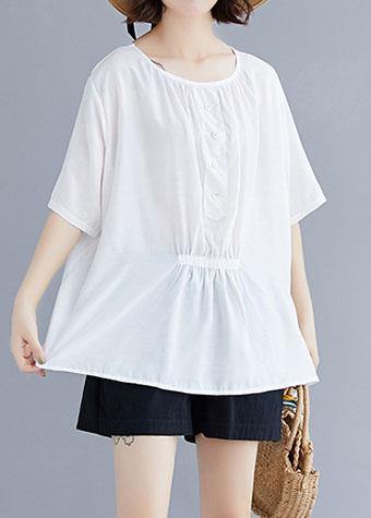 Natural white cotton Blouse o neck half sleeve loose summer top - SooLinen