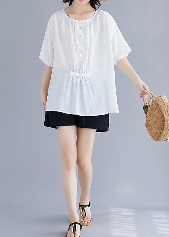 Natural white cotton Blouse o neck half sleeve loose summer top - SooLinen