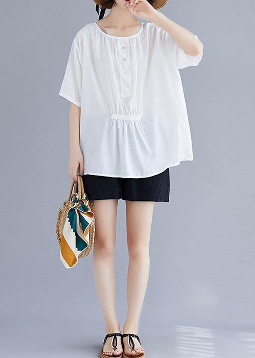 Natural white cotton Blouse o neck half sleeve loose summer top - SooLinen