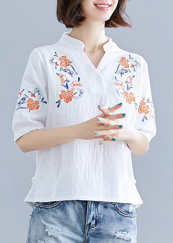 Natural white embroidery linen clothes Work Outfits v neck summer blouses - SooLinen