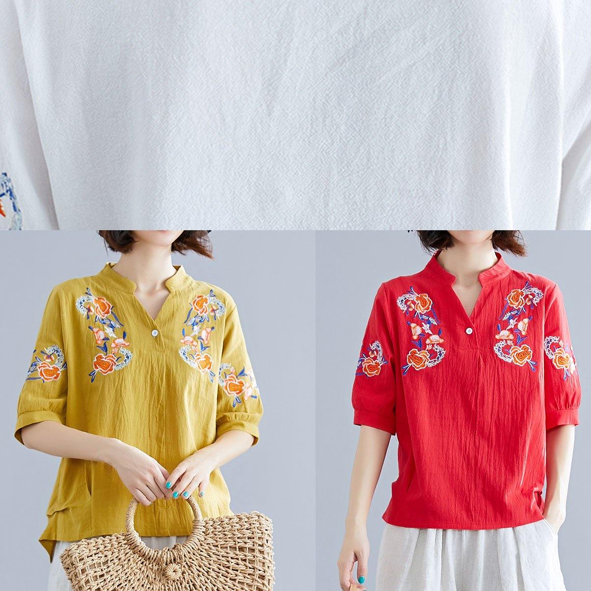 Natural white embroidery linen clothes Work Outfits v neck summer blouses - SooLinen