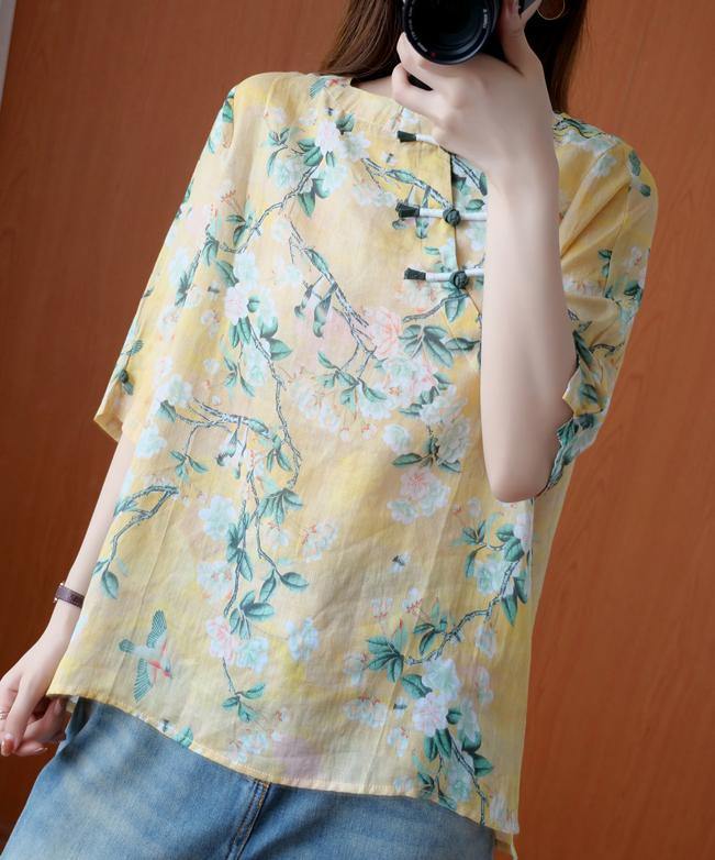 Natural yellow print tunic top o neck half sleeve Midi summer shirts - SooLinen