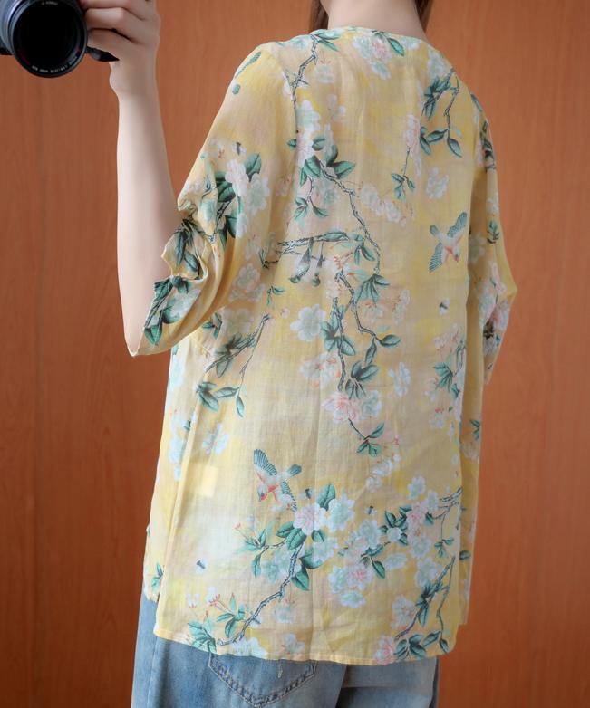 Natural yellow print tunic top o neck half sleeve Midi summer shirts - SooLinen