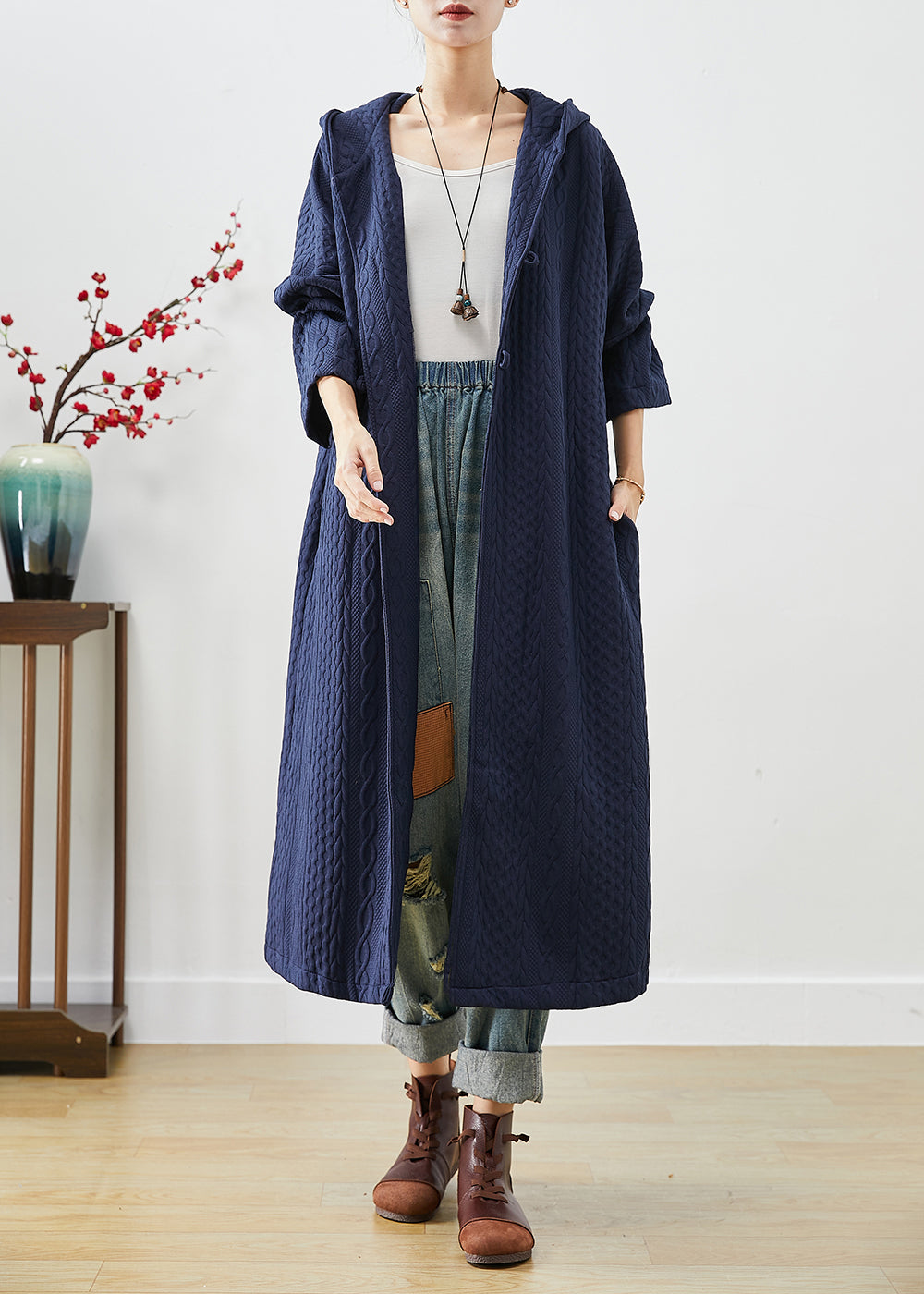 Navy Cotton Trench Coat Oversized Chinese Button Fall