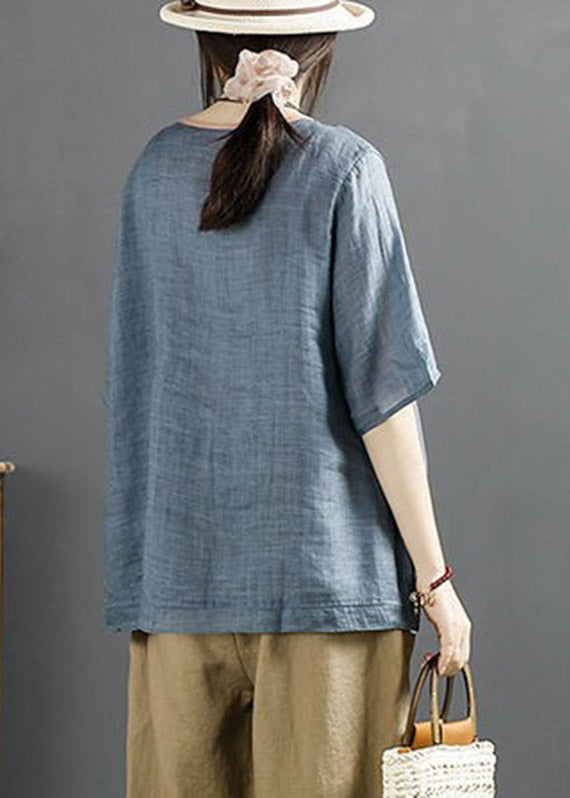 Navy Embroideried Patchwork Linen Top Half Sleeve