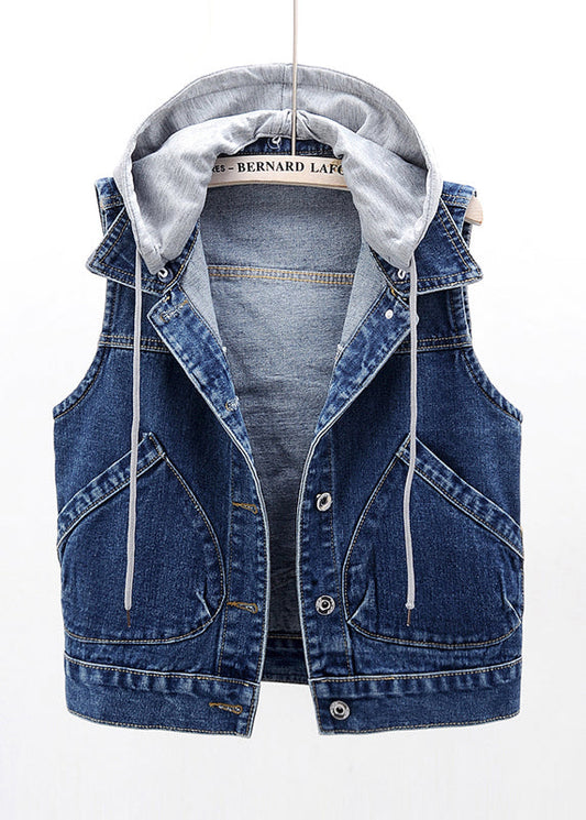 Navy Patchwork Button Honed Denim Washing sans manches