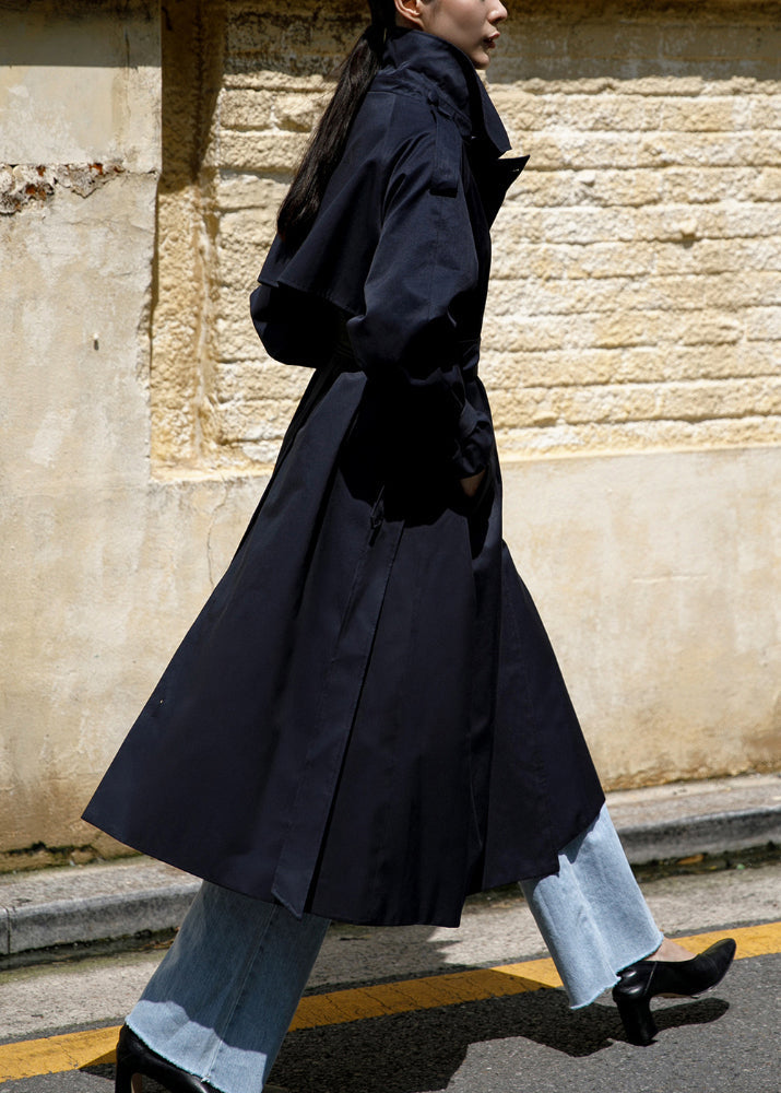 Navy Peter Pan Collar Tie Trench Coats Cotton Manches longues