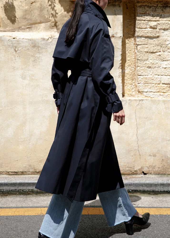 Navy Peter Pan Collar Tie Trench Coats Cotton Manches longues