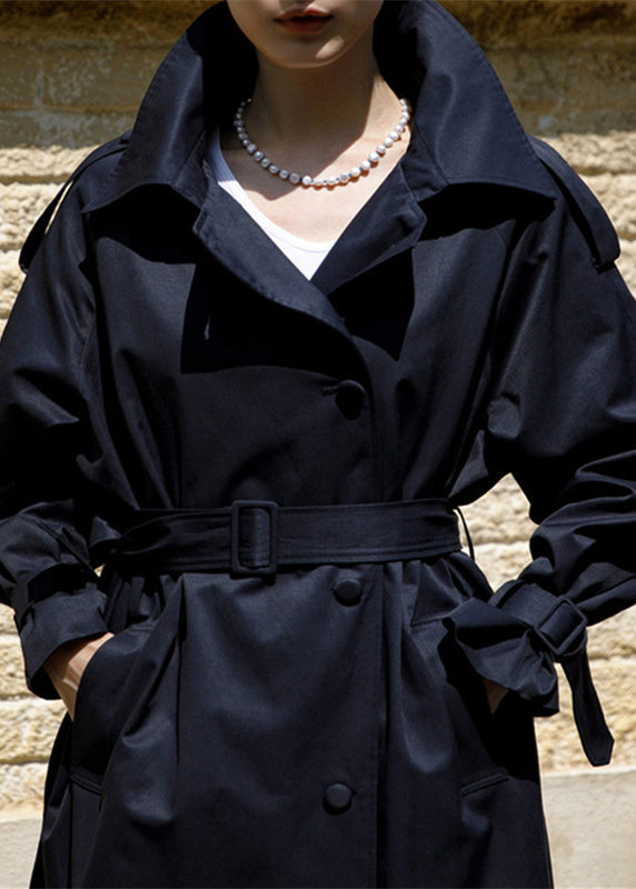 Navy Peter Pan Collar Tie Trench Coats Cotton Manches longues