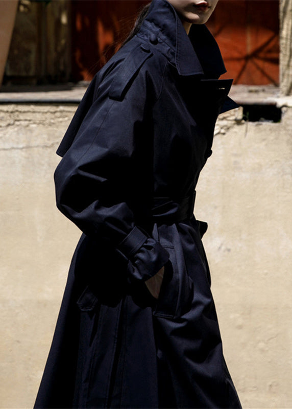 Navy Peter Pan Collar Tie Trench Coats Cotton Manches longues