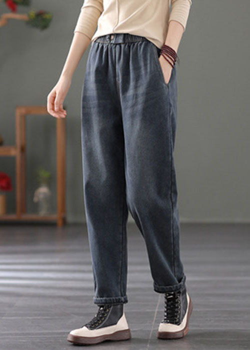 Navy Warm Fleece Denim Harem Pants Spring élastique