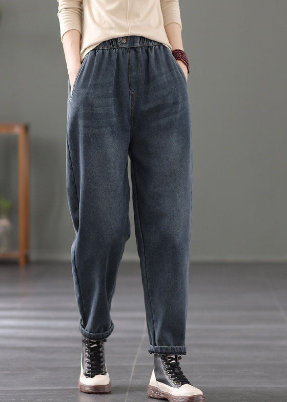 Navy Warm Fleece Denim Harem Pants Spring élastique