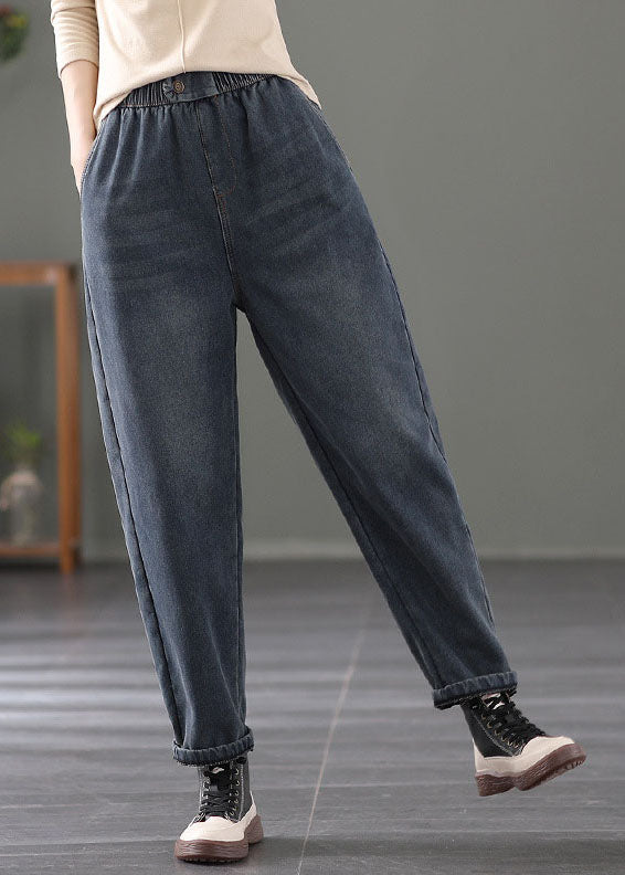 Navy Warm Fleece Denim Harem Pants Spring élastique