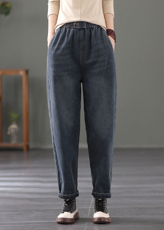 Navy Warm Fleece Denim Harem Pants Spring élastique