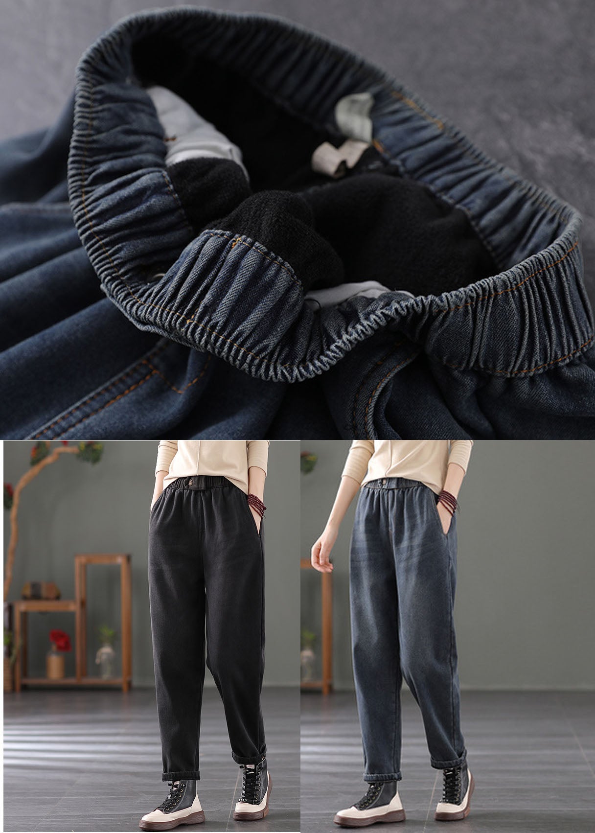 Navy Warm Fleece Denim Harem Pants Spring élastique