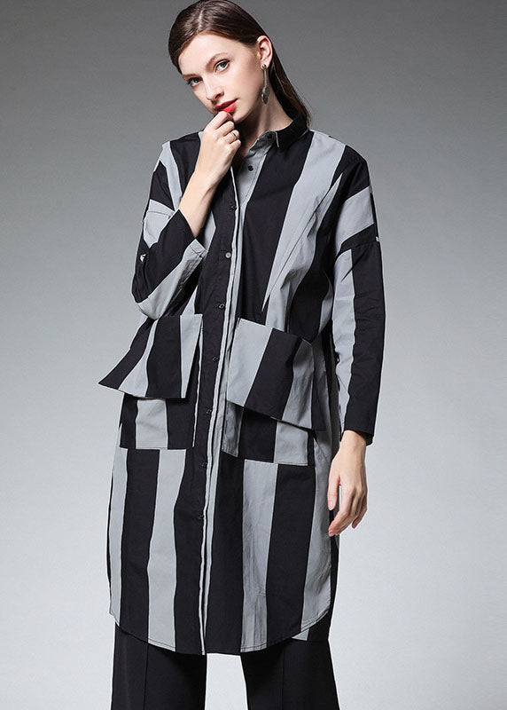 New Black Striped Button Pockets Long Coat