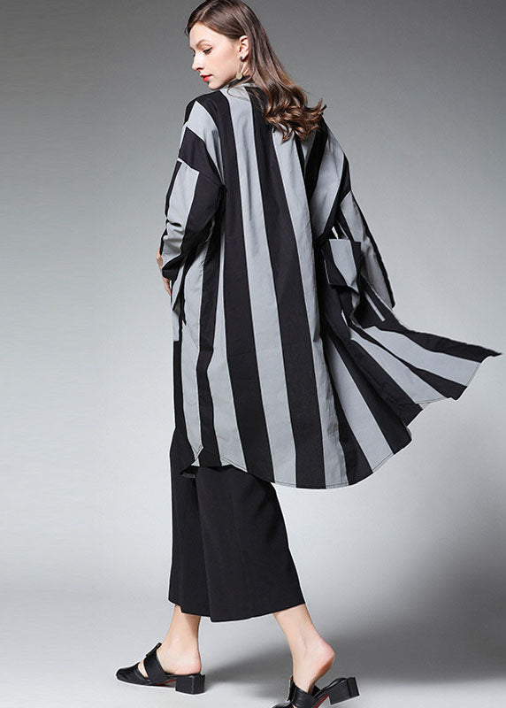 New Black Striped Button Pockets Long Coat