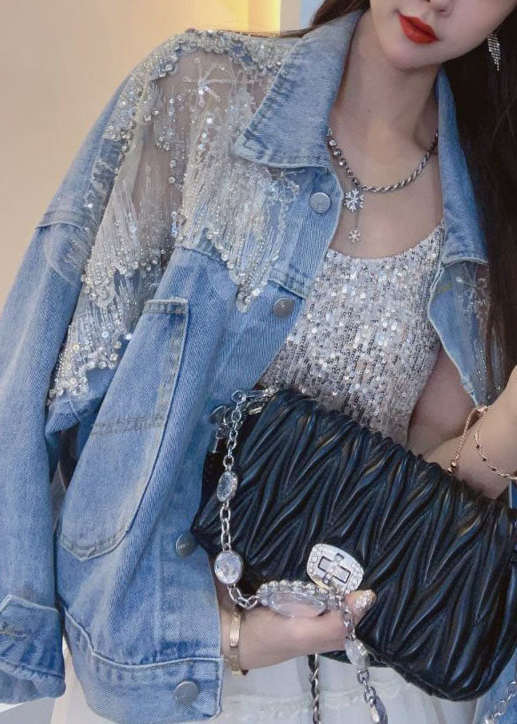 Nouveau Blue Blued Zircon Patchwork Denim Coats Summer