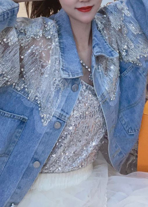 Nouveau Blue Blued Zircon Patchwork Denim Coats Summer