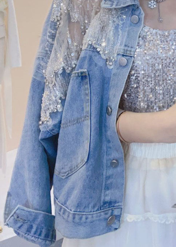 Nouveau Blue Blued Zircon Patchwork Denim Coats Summer