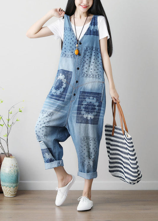 Nouveau pantalon de combinaison en denim à imprimé Blue Patchwork