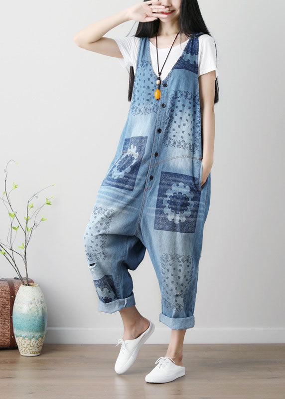 Nouveau pantalon de combinaison en denim à imprimé Blue Patchwork