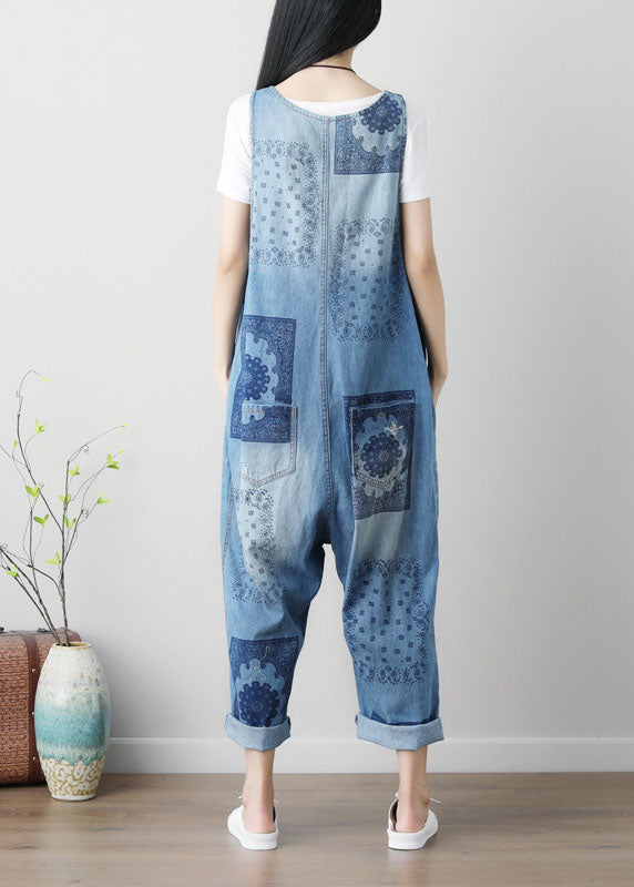 Nouveau pantalon de combinaison en denim à imprimé Blue Patchwork