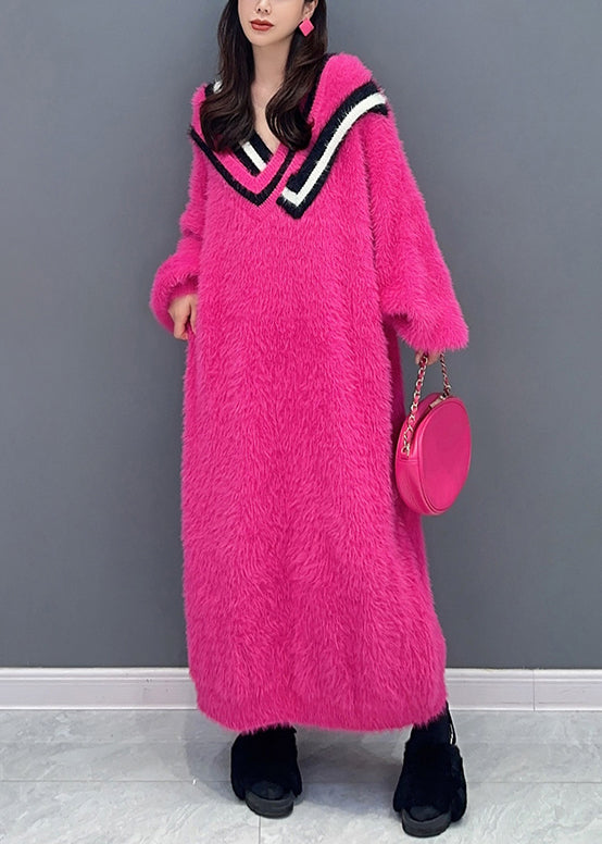 Nouvelle rose V Neck Patchwork Mink Velvet Maxi Robes à manches longues