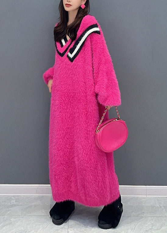 Nouvelle rose V Neck Patchwork Mink Velvet Maxi Robes à manches longues