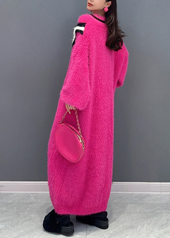 Nouvelle rose V Neck Patchwork Mink Velvet Maxi Robes à manches longues