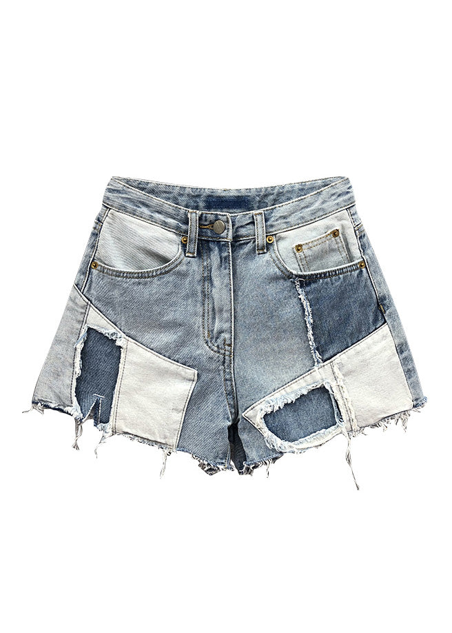 Nouveauté bleu asymétrique patchwork haut taille short denim Summer