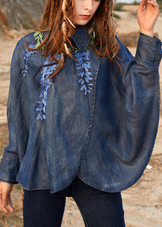 Nouveauté denim bleu conception asymétrique Peter Pan Collar Broideried Cotton Top Long Sleeve