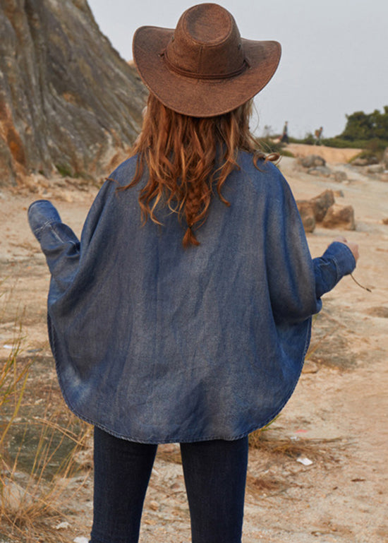 Nouveauté denim bleu conception asymétrique Peter Pan Collar Broideried Cotton Top Long Sleeve