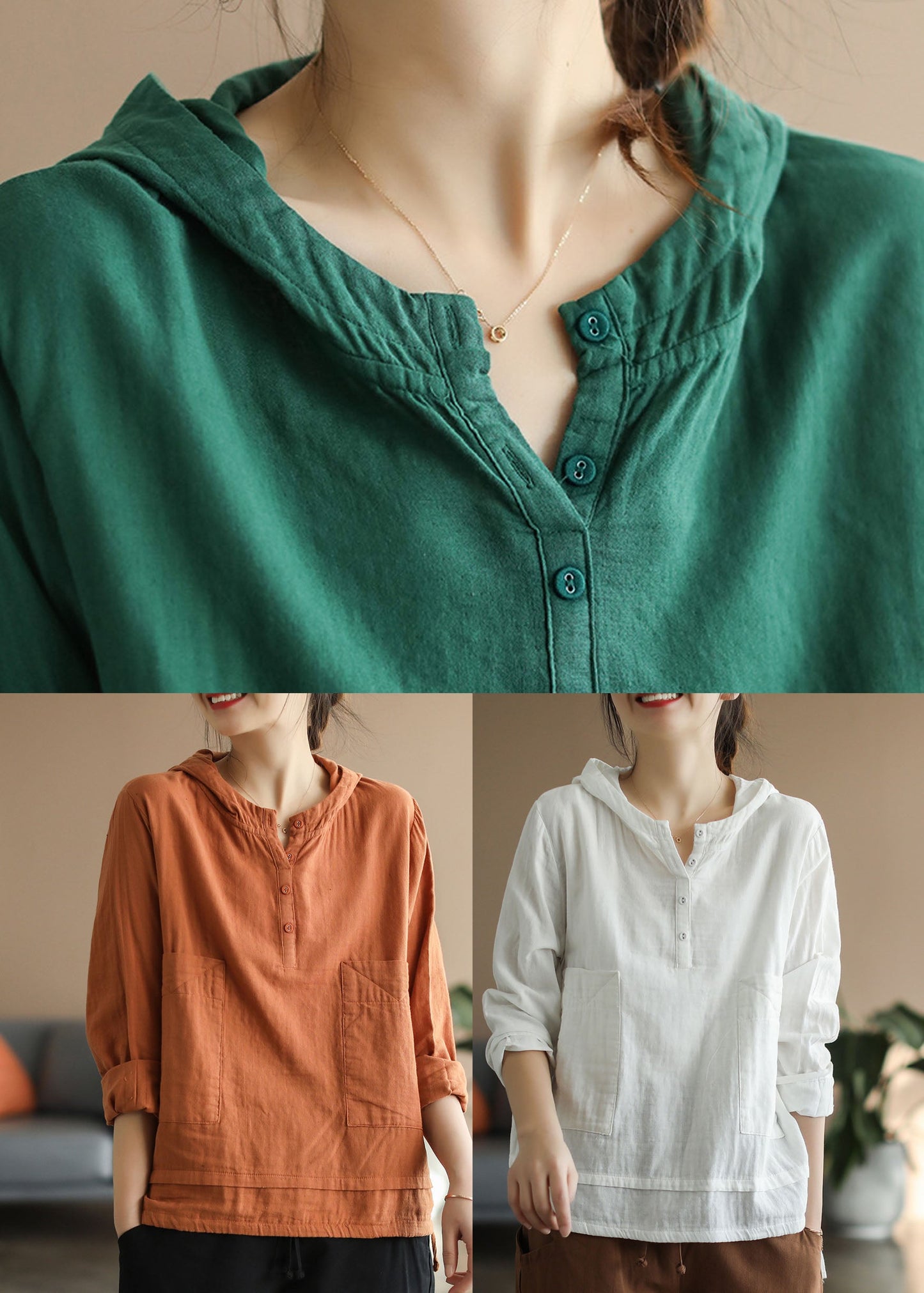 Orange Cotton Shirts top drawstring Hooded Long Sleeve