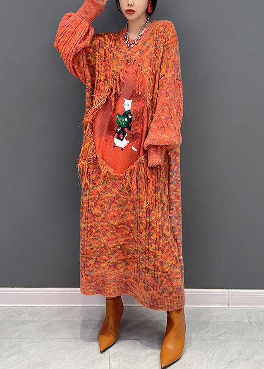 Orange O-leck Pichet Tassel Knit Holid Holid MAXI Panks Robe Hiver