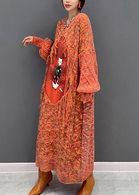 Orange O-leck Pichet Tassel Knit Holid Holid MAXI Panks Robe Hiver