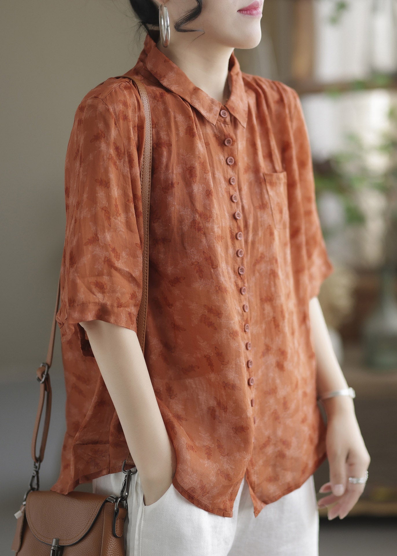 Orange Peter Pan Collar Button Linn Shirt Half Mancheve