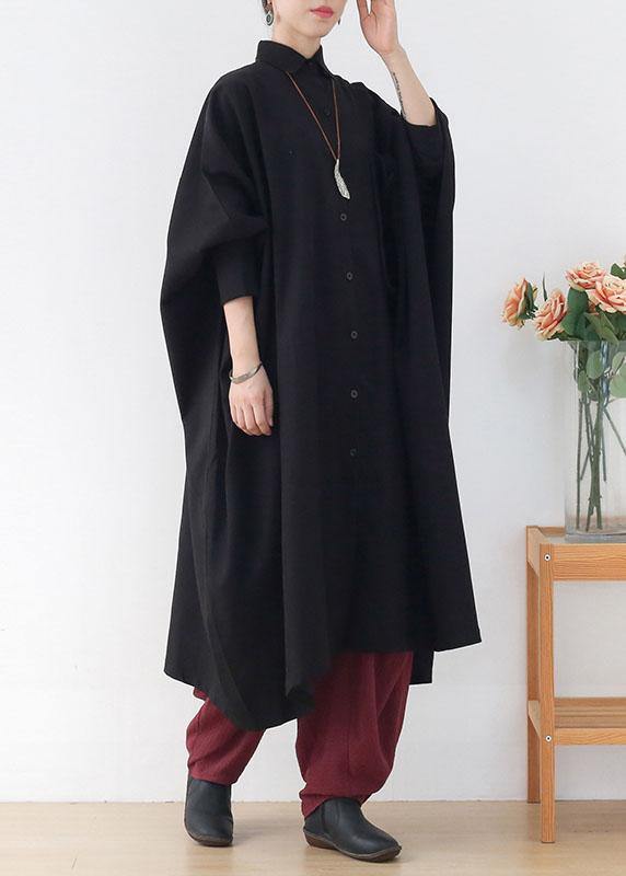 Organic Black Peter Pan Collar Button Fall Long Sleeve Coat - SooLinen