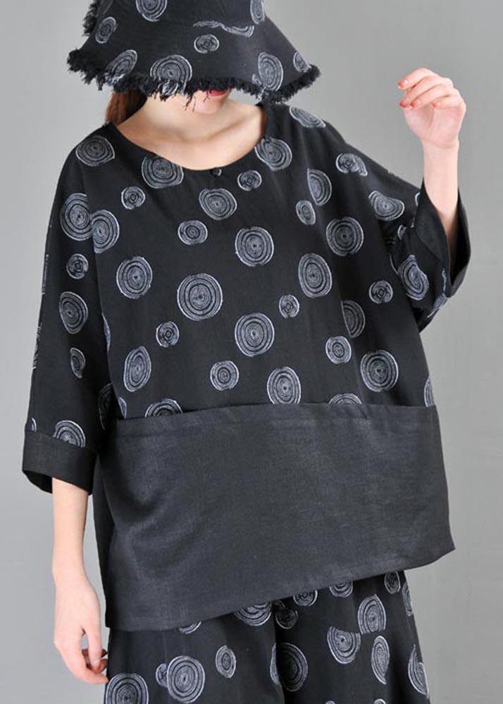 Organic Black Print Patchwork Cotton Linen Summer Shirt - SooLinen