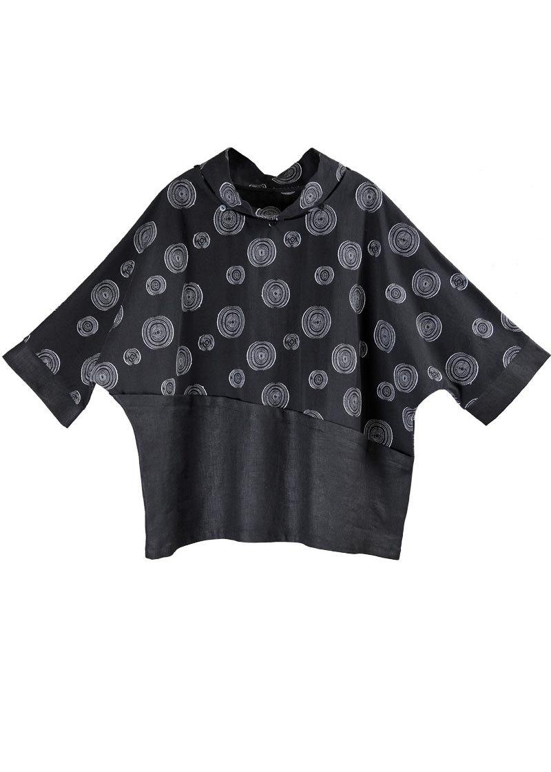 Organic Black Print Patchwork Cotton Linen Summer Shirt - SooLinen