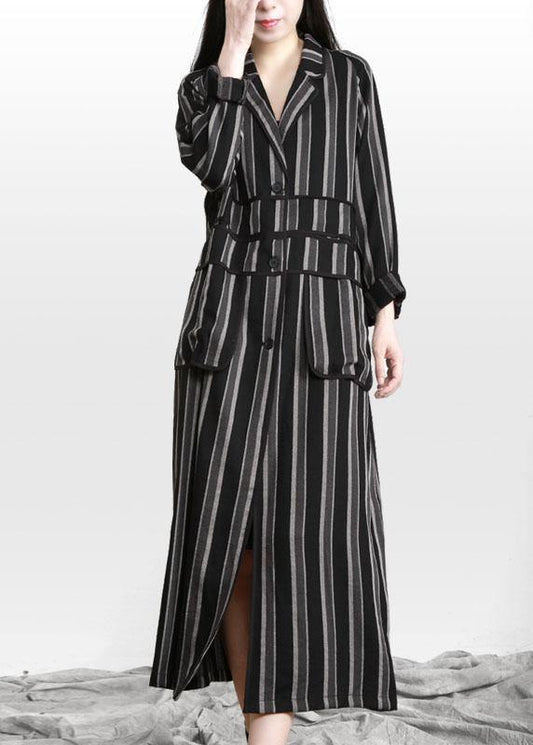 Organic Black Striped Button Peter Pan Collar Fall Long Coat - SooLinen