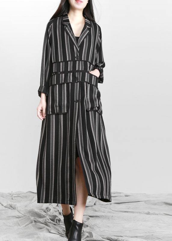 Organic Black Striped Button Peter Pan Collar Fall Long Coat - SooLinen