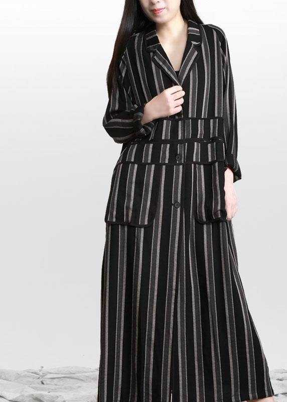 Organic Black Striped Button Peter Pan Collar Fall Long Coat - SooLinen