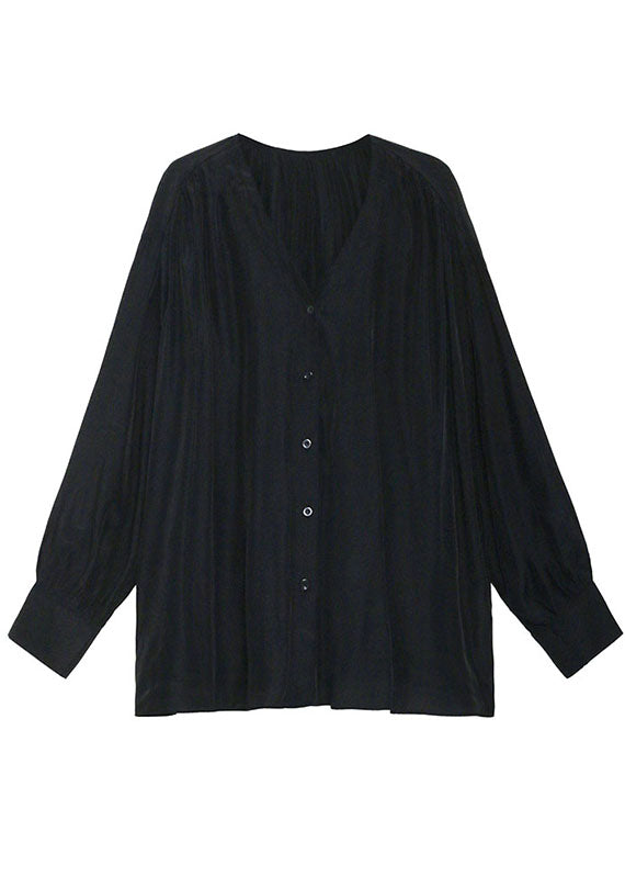 Organic Black V Neck Loose Casual Button Fall Long sleeve Shirt