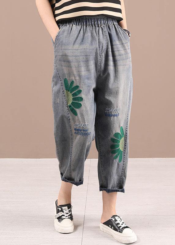 Organic Blue Embroideried Summer Regular Denim Pants - SooLinen